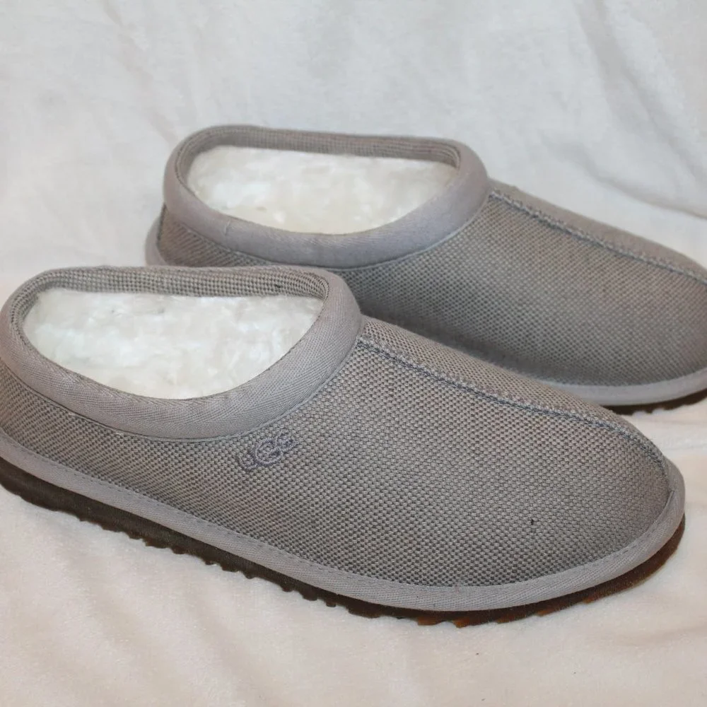 NIB UGG MEN'S CANVAS TASMAN‎ SLIP UP SHEARLING SLIPPERS LIGHT GRAY